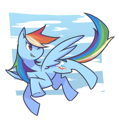 Size: 647x662 | Tagged: safe, artist:9aia, imported from derpibooru, rainbow dash, pegasus, pony, female, flying, grin, looking back, mare, sky, smiling, solo