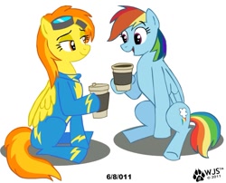 Size: 785x635 | Tagged: safe, artist:wolfjedisamuel, imported from derpibooru, rainbow dash, spitfire, pegasus, pony, coffee, coffee cup, cup, duo, duo female, female, goggles, mare, simple background, sitting, smiling, wonderbolts uniform