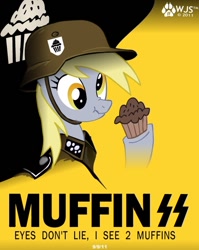 Size: 518x652 | Tagged: safe, artist:wolfjedisamuel, imported from derpibooru, derpy hooves, pegasus, pony, female, mare, muffin, nazi, propaganda, schutzstaffel, scrunchy face, solo, text, waffen-ss
