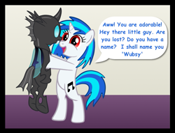 Size: 849x647 | Tagged: safe, artist:scramjet747, imported from derpibooru, dj pon-3, vinyl scratch, oc, oc:wubsy, changeling, pony, unicorn, bipedal, dialogue, duo, eye contact, female, holding a changeling, looking at each other, mare