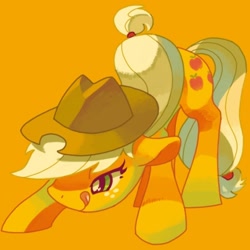 Size: 500x500 | Tagged: safe, artist:mutagorou0w0, imported from derpibooru, applejack, earth pony, pony, bedroom eyes, cute, face down ass up, female, floppy ears, get, index get, jackabetes, licking lips, mare, milestone, smiling, solo, tongue out