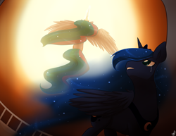 Size: 900x695 | Tagged: safe, artist:mylittlesheepy, imported from derpibooru, princess celestia, princess luna, alicorn, pony, backlighting, balcony, crying, duo, duo female, female, looking back, mare, sisters