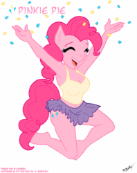 Size: 789x995 | Tagged: safe, artist:felonykat, imported from derpibooru, pinkie pie, anthro, unguligrade anthro, armpits, belly button, clothes, curvy, eyes closed, female, gif, midriff, non-animated gif, simple background, skirt, solo, white background