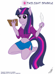 Size: 742x1002 | Tagged: safe, artist:felonykat, imported from derpibooru, twilight sparkle, anthro, unguligrade anthro, belly button, book, breasts, clothes, female, gif, kneeling, midriff, non-animated gif, quill, simple background, skirt, solo, white background