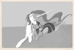 Size: 1848x1246 | Tagged: safe, artist:enma-darei, imported from derpibooru, princess celestia, twilight sparkle, alicorn, pony, unicorn, cuddling, cute, cutelestia, duo, duo female, eyes closed, female, floppy ears, grayscale, happy, long horn, mare, momlestia, monochrome, nuzzling, prone, smiling