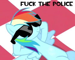 Size: 440x353 | Tagged: safe, edit, edited screencap, imported from derpibooru, screencap, rainbow dash, pegasus, pony, lesson zero, female, fuck the police, mare, on back, picnic, picnic blanket, solo, spread wings, sunglasses, vulgar, wings