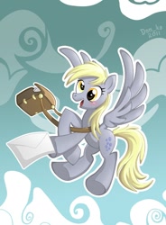 Size: 700x950 | Tagged: safe, artist:don-ko, imported from derpibooru, derpy hooves, pegasus, pony, bag, female, flying, happy, letter, mail, mailbag, mare, outline, sky, solo, underhoof