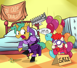 Size: 1134x1000 | Tagged: safe, artist:madmax, imported from derpibooru, snails, twist, earth pony, pony, unicorn, balloon, bed, clothes, colt, crossover, duo, female, filly, gravity falls, male, tourist trapped