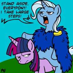 Size: 945x945 | Tagged: safe, artist:megasweet, imported from derpibooru, trixie, twilight sparkle, pony, unicorn, a funny thing happened on the way to the forum, annoyed, crossover, duo, duo female, female, mare, ponies riding ponies, riding, trixie riding twilight