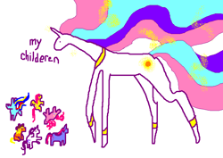 Size: 742x525 | Tagged: safe, artist:seniorpony, imported from derpibooru, applejack, fluttershy, pinkie pie, princess celestia, rainbow dash, rarity, twilight sparkle, earth pony, pegasus, pony, unicorn, 1000 hours in ms paint, engrish, female, mare, momlestia, ms paint, princess, simple background, size difference, tallestia, unicorn twilight, white background
