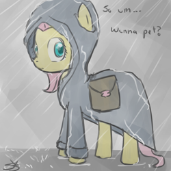 Size: 900x900 | Tagged: safe, artist:speccysy, imported from derpibooru, fluttershy, pegasus, pony, female, mare, rain, raincoat, saddle bag, solo