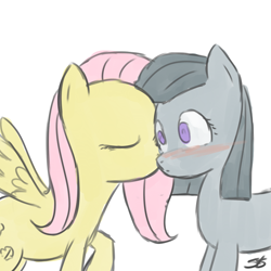 Size: 900x900 | Tagged: safe, artist:speccysy, imported from derpibooru, fluttershy, marble pie, earth pony, pegasus, pony, blushing, cheek kiss, female, kiss on the cheek, kissing, lesbian, marbleshy, mare, shipping, wide eyes