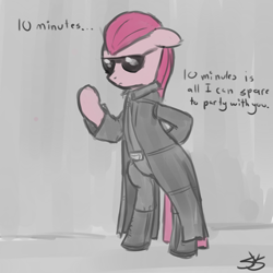 Size: 900x900 | Tagged: safe, artist:speccysy, imported from derpibooru, pinkie pie, earth pony, pony, albert wesker, bipedal, clothes, cosplay, costume, crossover, female, floppy ears, mare, pinkamena diane pie, resident evil, resident evil 5, solo, sunglasses