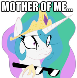 Size: 448x453 | Tagged: artist needed, safe, imported from derpibooru, princess celestia, alicorn, pony, female, image macro, mare, mother of celestia, mother of god, mother of me, reaction image, simple background, solo, sunglasses