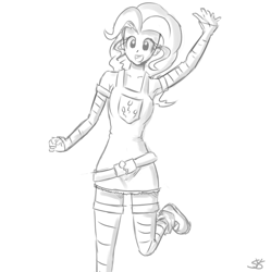 Size: 900x905 | Tagged: safe, artist:speccysy, imported from derpibooru, pinkie pie, human, armpits, clothes, female, humanized, monochrome, running, socks, solo, striped socks