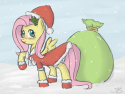 Size: 900x675 | Tagged: dead source, safe, artist:speccysy, imported from derpibooru, fluttershy, pegasus, pony, boots, christmas, clothes, costume, female, hat, holiday, holly, mare, raised hoof, sack, santa costume, santa hat, santa sack, snow, snowfall, solo