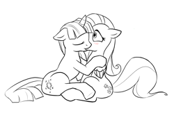 Size: 940x613 | Tagged: safe, artist:c0nker, imported from derpibooru, fluttershy, twilight sparkle, pegasus, pony, unicorn, blushing, duo, ears back, female, kiss on the lips, kissing, lesbian, mare, monochrome, shipping, sitting, twishy, unicorn twilight, wide eyes