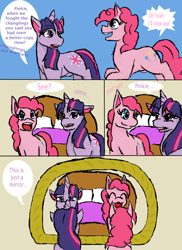 Size: 600x825 | Tagged: safe, artist:victoryatdawn, imported from derpibooru, pinkie pie, twilight sparkle, earth pony, pony, unicorn, comic, duo, duo female, female, mare, mirror, smiling