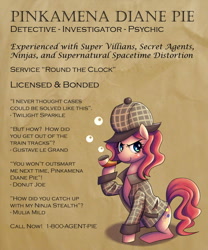 Size: 700x840 | Tagged: safe, artist:ninjaham, imported from derpibooru, pinkie pie, earth pony, pony, mmmystery on the friendship express, bubble pipe, deerstalker, detective, detective pinkamena diane pie, female, hat, mare, misspelling, sherlock holmes, sherlock pie, sitting, smiling, smirk, solo