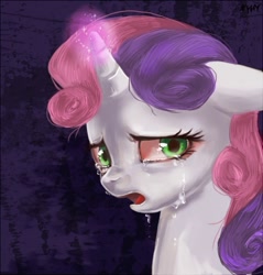 Size: 550x575 | Tagged: dead source, safe, artist:nyonhyon, imported from derpibooru, sweetie belle, pony, unicorn, abstract background, crying, female, filly, floppy ears, sad, solo