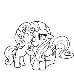 Size: 1000x1000 | Tagged: safe, artist:madmax, imported from derpibooru, fluttershy, sweetie belle, pegasus, pony, unicorn, behaving like a dog, bipedal, bipedal leaning, duo, duo female, female, filly, leaning, licking, mare, monochrome, prone