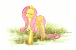 Size: 900x600 | Tagged: safe, artist:cosmicunicorn, imported from derpibooru, fluttershy, pegasus, pony, eyes closed, female, grass, mare, solo