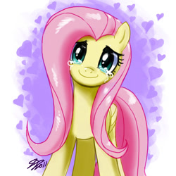 Size: 900x900 | Tagged: safe, artist:johnjoseco, imported from derpibooru, fluttershy, pegasus, pony, abstract background, crying, female, happy, head tilt, looking at you, mare, smiling, solo, tears of joy