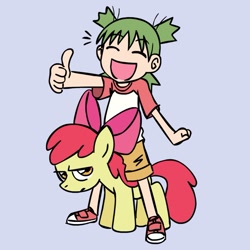 Size: 945x945 | Tagged: safe, artist:megasweet, imported from derpibooru, apple bloom, earth pony, human, pony, annoyed, crossover, duo, female, filly, happy, koiwai yotsuba, simple background, thumbs up, yotsuba