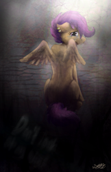 Size: 881x1362 | Tagged: safe, artist:malicieuxx, imported from derpibooru, scootaloo, pegasus, pony, abandoned, crying, ear piercing, earring, female, filly, floppy ears, jewelry, looking back, piercing, rear view, sad, scootalone, scootasad, sitting, solo