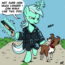 Size: 945x945 | Tagged: safe, artist:megasweet, imported from derpibooru, lyra heartstrings, winona, pony, unicorn, bipedal, clothes, crossover, duo, female, gun, human behavior, mad max, mare, pet, shotgun, the road warrior, walking, weapon