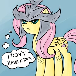 Size: 756x756 | Tagged: safe, artist:apple-707, artist:megasweet, imported from derpibooru, fluttershy, pegasus, pony, female, fluttershy is not amused, frown, helmet, implied futashy, mare, skyrim, solo, the elder scrolls, thought bubble, unamused, vulgar