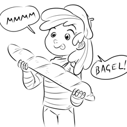 Size: 756x756 | Tagged: safe, artist:megasweet, imported from derpibooru, apple bloom, human, baguette, beret, bread, female, food, french, hat, humanized, monochrome, solo, tongue out