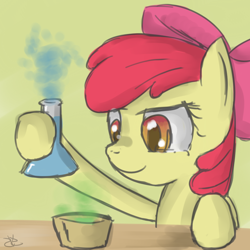 Size: 900x900 | Tagged: safe, artist:speccysy, imported from derpibooru, apple bloom, earth pony, pony, bow, chemistry, erlenmeyer flask, female, hair bow, mare, smiling, solo