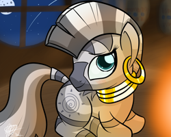 Size: 1280x1024 | Tagged: safe, artist:mister-markers, imported from derpibooru, zecora, pony, zebra, female, mare, moon, night, prone, shooting star, solo, window