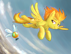 Size: 1018x768 | Tagged: dead source, safe, artist:blitzpony, deleted from derpibooru, imported from derpibooru, spitfire, parasprite, pegasus, pony, female, flying, mare, sky, smiling, solo