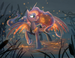 Size: 988x764 | Tagged: dead source, safe, artist:blitzpony, deleted from derpibooru, imported from derpibooru, princess luna, alicorn, firefly (insect), pony, female, mare, raised hoof, reed, reeds, solo, water