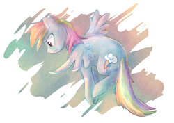 Size: 1000x706 | Tagged: safe, artist:blitzpony, deleted from derpibooru, imported from derpibooru, rainbow dash, pegasus, pony, abstract background, female, flying, frown, mare, solo
