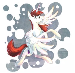 Size: 706x692 | Tagged: safe, artist:blitzpony, deleted from derpibooru, imported from derpibooru, oc, oc only, oc:fausticorn, alicorn, pony, abstract background, alicorn oc, female, flying, lauren faust, mare, ponified, smiling, solo, spread wings