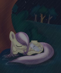 Size: 703x840 | Tagged: safe, artist:cocolli, imported from derpibooru, angel bunny, fluttershy, pegasus, pony, cute, duo, female, filly, mare, night, rain, smiling, tree, wet mane, wing blanket