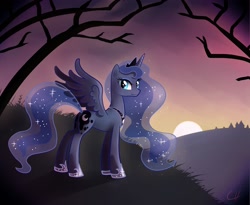 Size: 2200x1800 | Tagged: safe, artist:author-chan, imported from derpibooru, princess luna, alicorn, pony, female, looking at you, looking back, mare, solo, sunset