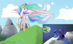 Size: 1212x735 | Tagged: safe, artist:tenchi-outsuno, imported from derpibooru, princess celestia, princess luna, alicorn, pony, crying, duo, duo female, female, flying, looking back, mare, moon, princess, s1 luna, sisters