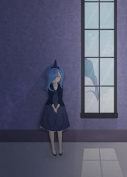 Size: 721x1000 | Tagged: safe, artist:tinrobo, imported from derpibooru, princess luna, human, eyes closed, female, hair over one eye, humanized, lonely, night, s1 luna, solo, wall, window