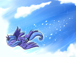 Size: 1024x768 | Tagged: safe, artist:madmax, imported from derpibooru, princess luna, alicorn, pony, cloud, eyes closed, female, flying, mare, on back, s1 luna, sky, smiling, solo