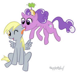 Size: 1000x942 | Tagged: safe, artist:hoppip, imported from derpibooru, derpy hooves, screwball, earth pony, pegasus, pony, duo, duo female, female, floating, flying, licking, mare, simple background, sitting, transparent background