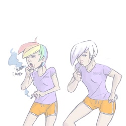 Size: 800x800 | Tagged: safe, artist:thereturnofmuabo, imported from derpibooru, gilda, rainbow dash, human, 2010s, 2012, cigarette, clothes, coughing, duo, duo female, female, gym shorts, hand on hip, humanized, multicolored hair, rainbow hair, sexy, shirt, shorts, side slit, smoking, sultry pose, t-shirt, tomboy, white hair