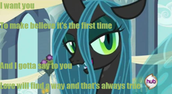 Size: 764x422 | Tagged: safe, edit, edited screencap, imported from derpibooru, screencap, queen chrysalis, changeling, changeling queen, a canterlot wedding, female, hub logo, image macro, panty and stocking with garterbelt, solo, song