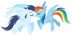 Size: 2150x1080 | Tagged: safe, artist:nabbiekitty, imported from derpibooru, rainbow dash, soarin', pegasus, pony, eyes closed, female, flying, kissing, male, mare, shipping, simple background, soarindash, stallion, straight, transparent background