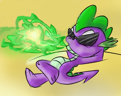 Size: 410x324 | Tagged: safe, artist:supersheep64, imported from derpibooru, spike, dragon, desert, female, fire, fire breath, g4, green fire, male, on back, relaxing, solo, sunglasses