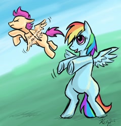 Size: 1759x1840 | Tagged: safe, artist:viperviolist, imported from derpibooru, rainbow dash, scootaloo, pegasus, pony, abstract background, bipedal, duo, duo female, female, filly, flying, mare, scootaloo can fly, signature