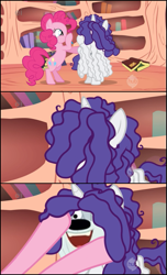 Size: 437x717 | Tagged: safe, edit, edited screencap, imported from derpibooru, screencap, pinkie pie, rarity, earth pony, pony, unicorn, bridle gossip, comic, crossover, female, golden oaks library, hairity, hub logo, mare, messy mane, niblet, poison joke, pound puppies, screencap comic, secret butt fun